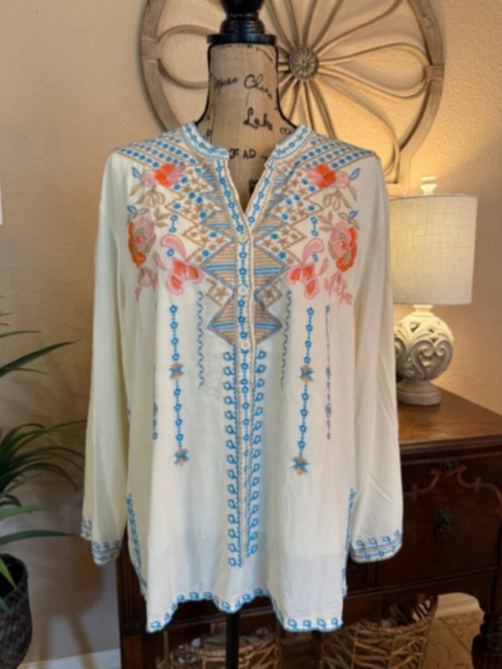 Embroidered Cream Boho Tunic with Blue & Coral Floral Detail